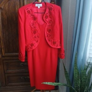 Vintage Demetrios Red Midi Dress with Beaded Jacket Womens Size 8